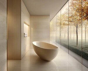 Modern bathtub with autumn view.
