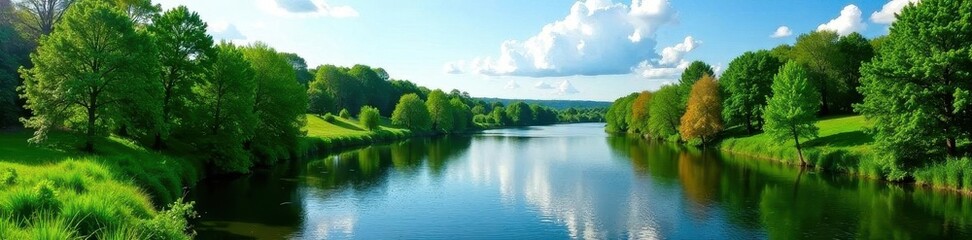 Obraz premium Serene Ehle River, Germany Blue sky, lush greenery , green grass, environment, Ehle River