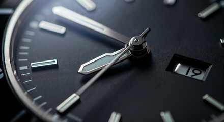 Luxury watch close-up, Black analog timepiece with date display, Time management and precision concept, Modern lifestyle and punctuality themes
