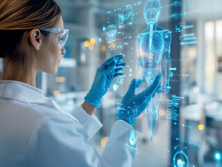 Futuristic Medical Research: Female Scientist Analyzing Holographic Human Anatomy Interface in High-Tech Laboratory. AI generative.