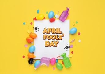 Naklejka premium Colorful April fools' day arrangement with toys and confetti on yellow background