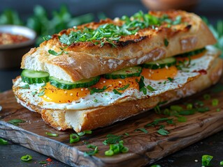 Vibrant food photo of an egg and cucumber baguet
