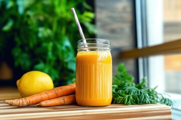 Fototapeta premium Fresh Carrot and Lemon Smoothie in Glass Jar with Straw