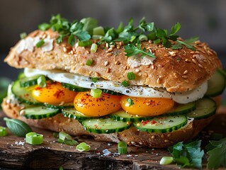 Vibrant food photo of an egg and cucumber baguet