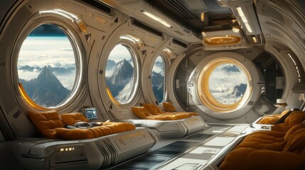 Spacious interior of a spaceship with futuristic seating arrangements and panoramic windows 