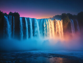 Experience the tranquility of a majestic waterfall cascading under a colorful twilight sky.
