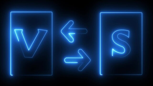 Abstract neon blue color vs line icon animation glowing Light effect icon  4k animated.  screen with neon frames  on black background. neon sports versus letter animation.