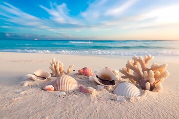 Obraz premium Seashells and Coral on Tropical Beach With Ocean Waves and Blue Sky