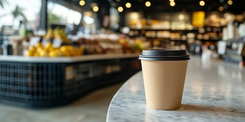 brown paper coffee cup with black lid on marble counter in bright grocery store interior with fruit stand and bokeh lights
