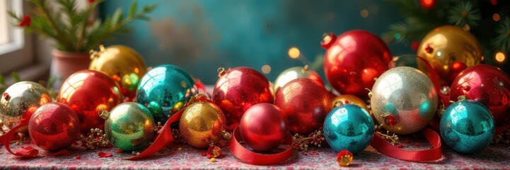 A colorful arrangement of glass balls, ribbons, and garlands on a rustic vintage tablecloth , tablecloth, vintage, glass ball