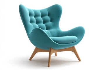 Comfortable Modern Armchair in Blue Fabric with Wooden Legs Design