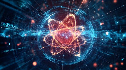 Fototapeta premium Abstract representation of a nuclear atom, featuring swirling colors and shapes symbolizing atomic structure and energy. 