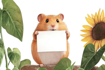 Obraz premium A cute hamster holds a blank sign, surrounded by green leaves and a sunflower, set against a black background.