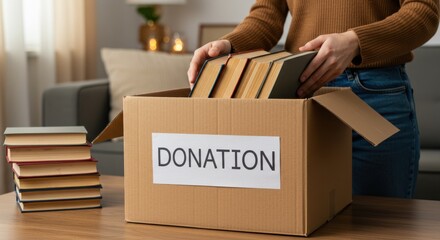Person placing books into donation box on table with stack of books nearby in living room