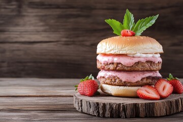 A delicious burger stacked with meat patties, creamy pink filling, fresh strawberries, and mint leaves, presented on a wooden surface.
