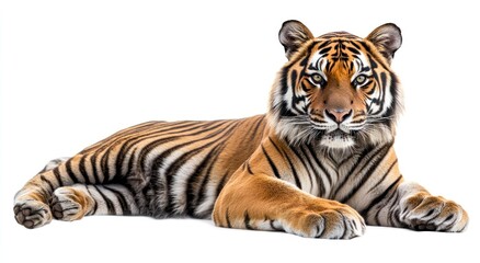 Fototapeta premium Resting Bengal Tiger Lying Down Isolated on White Background Studio Shot
