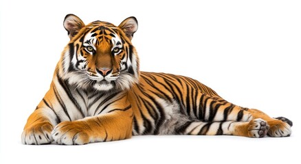 Obraz premium Lying Tiger Isolated Portrait Showcasing Majestic Predator on White Background
