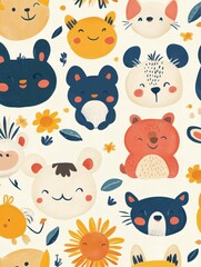Fototapeta premium Colorful cartoon pattern featuring cute animals and sunny faces on a light background