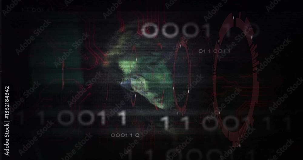 Poster in school, student learning animation with digital circuits and binary code