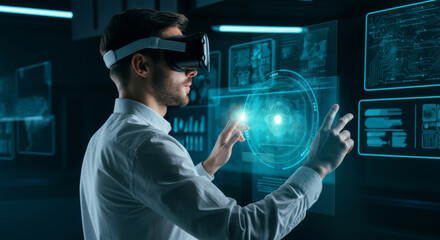 Man using VR headset interacting with futuristic holographic interface in dark room