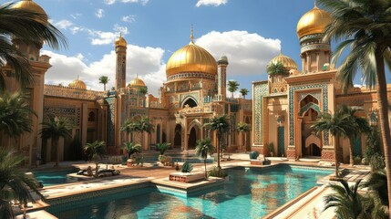 Naklejka premium Opulent arabian palace with golden domes and intricate details bathed in sunshine