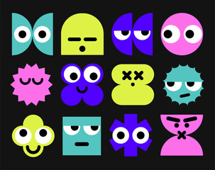 Brutalist Naive Playful Simple Shapes with Emotions, Vibrant color, Retro Cyber geometric design. Neon Trendy Y2k Mental stickers. Vectored Flat design for design, scrapbooking. icons, logotypes