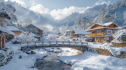 Village in the mountains covered with snow 