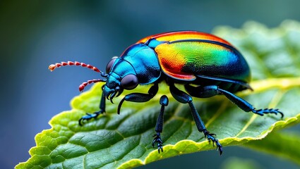 Fototapeta premium Vibrant beetle perched on leaf in nature