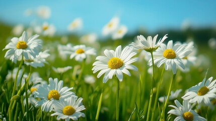 Field of blooming daisies under blue sky on a sunny summer day, copy space