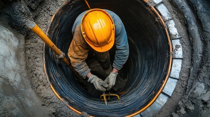 Maintenance specialist repairing damaged ventilation ducts within underground tunnel