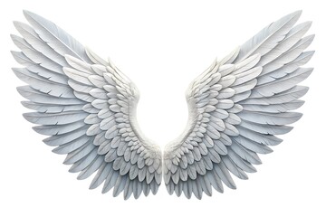 Obraz premium Majestic white angel wings, a symbol of hope and freedom, soaring against a clean white background, conveying serenity and peace.