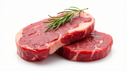 Obraz premium Exquisite Raw Steaks: Two prime cuts of raw steak, artfully presented with a sprig of fresh rosemary, stand as a symbol of culinary excellence. showcasing their rich color and texture.