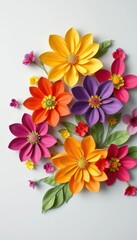 Vibrant handmade paper flowers, light blue backdrop, white space, copy space, colorful flowers, blue background