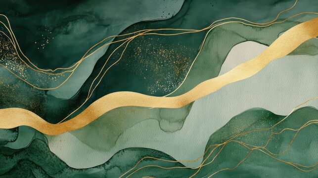 Abstract green and gold watercolor background with fluid shapes and organic lines. illustration