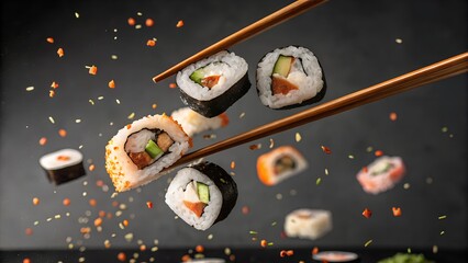 A dynamic and appetizing studio shot of various sushi rolls suspended in mid-air, being held by chopsticks.