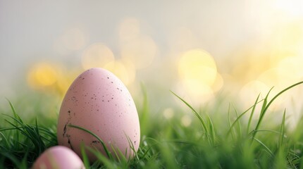 Fototapeta premium A decorated festive Easter egg resting in lush green grass, illuminated by soft, golden sunlight with a dreamy bokeh effect 