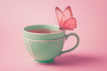 Elegant Pink Butterfly Gracefully Resting on a Green Coffee Cup – A Serene and Whimsical Moment