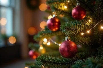 Close-up of a beautifully decorated Christmas tree with sparkling baubles and shimmering string lights in a blurred, dreamy environment, Holiday Cheer, Sparkling Decorations