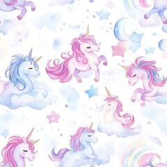 Obraz premium Whimsical unicorns in pastel sky with stars and clouds