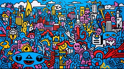 
Artistic bright colors black lines abstract geometric city
