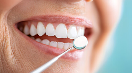Shining Smile: A close-up captures a person's radiant smile with perfectly aligned, pearly white teeth. A dental mirror subtly enters the scene, hinting at oral hygiene and dental care.