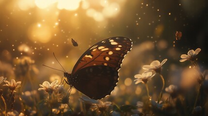 Sunset meadow butterfly flight, bokeh background, nature