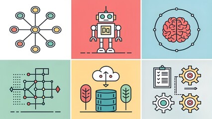 A graphic illustration featuring six distinct icons related to technology, artificial intelligence, and data processing