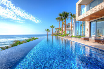 Fototapeta premium Stunning Beachfront Luxury Swimming Pool with Scenic Ocean Views