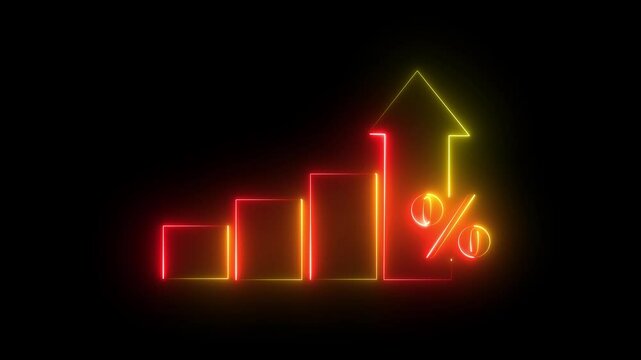 Neon red -orange line business graph  icon Quality control and company cost reduction. Successful  strategy and management. light magenta collar animation and black background  