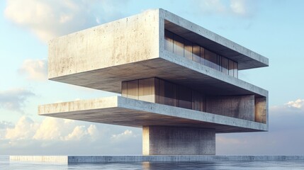 A modern architectural building showcasing concrete and glass materials in landscape