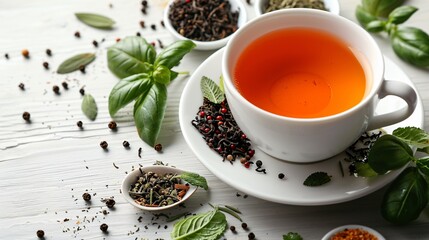 White cup of tea and different herbs