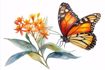 Watercolor Painting of Monarch Butterfly on Orange Butterfly Weed Flowers