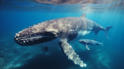 Aerial view of humpback whales diving in the blue water ocean.