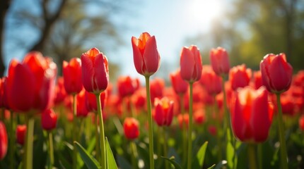 Fototapeta premium Blossoming in Sunlight: Vibrant red tulips bloom profusely in a field, with a blurred backdrop of trees and soft sunlight filtering through, inviting a sense of peace and freshness.
